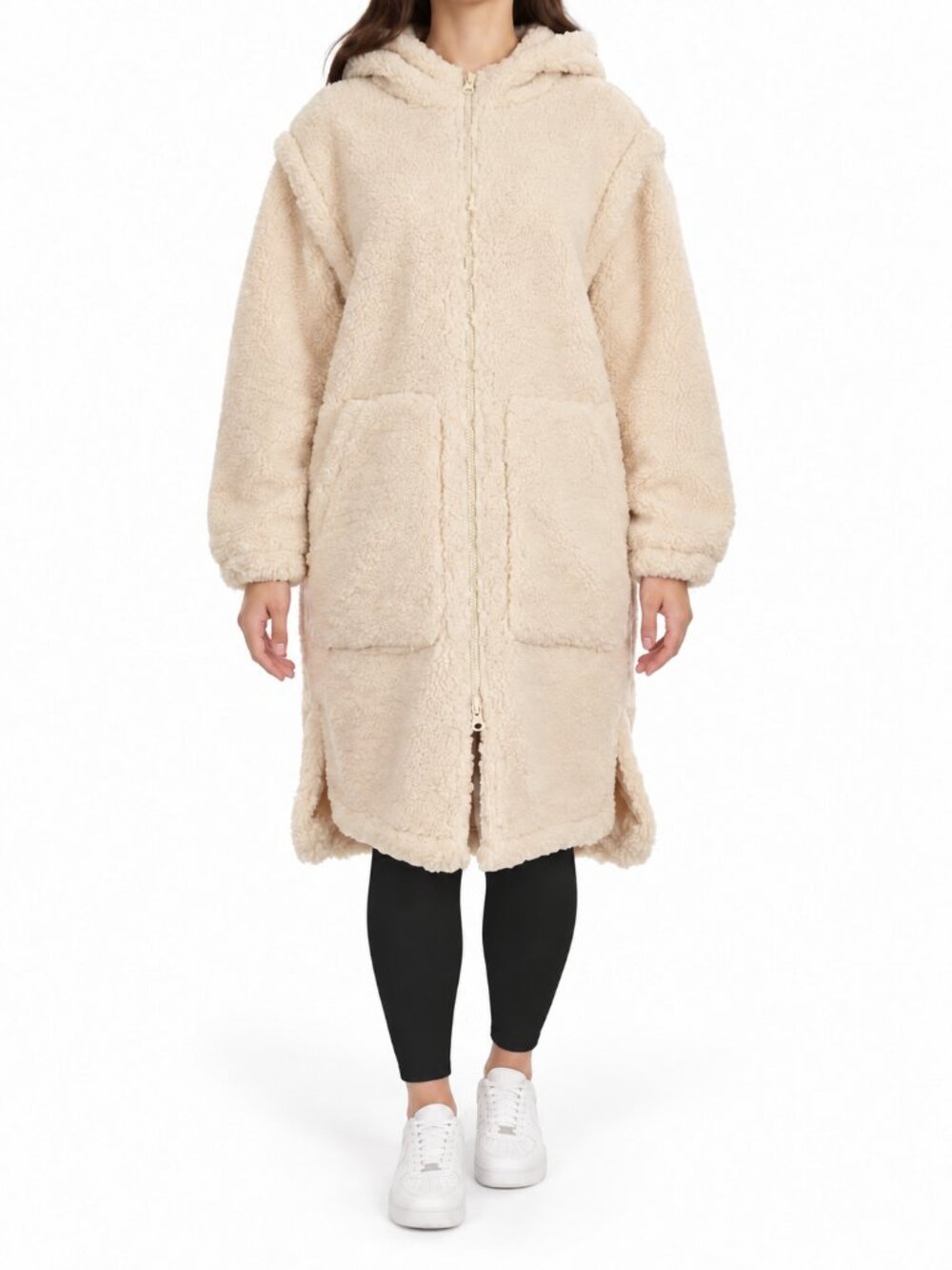 Arizona Jean Co. Women’s Cream Faux Fur Long Sherpa Hooded Coat, S